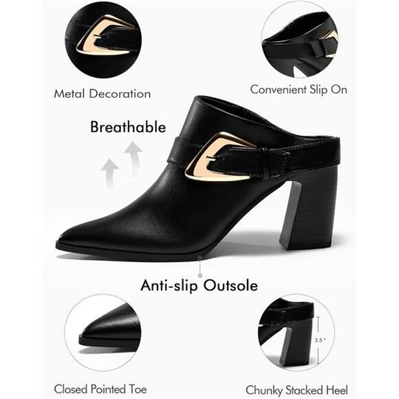 Chunky Heel Pointed Toe Mules Booties Slip On Ankle Boots Dress Shoes Women - Picture 4 of 6